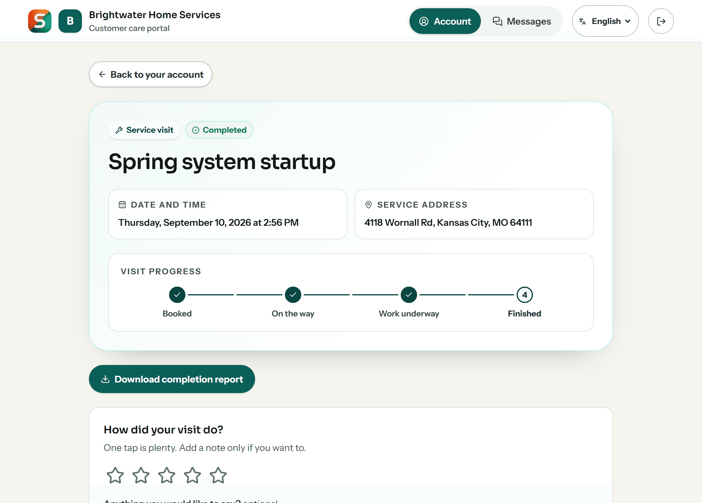 A completed service visit in the customer portal: date and time, service address, the visit progress from booked to finished, a completion report download and a request to rate the visit