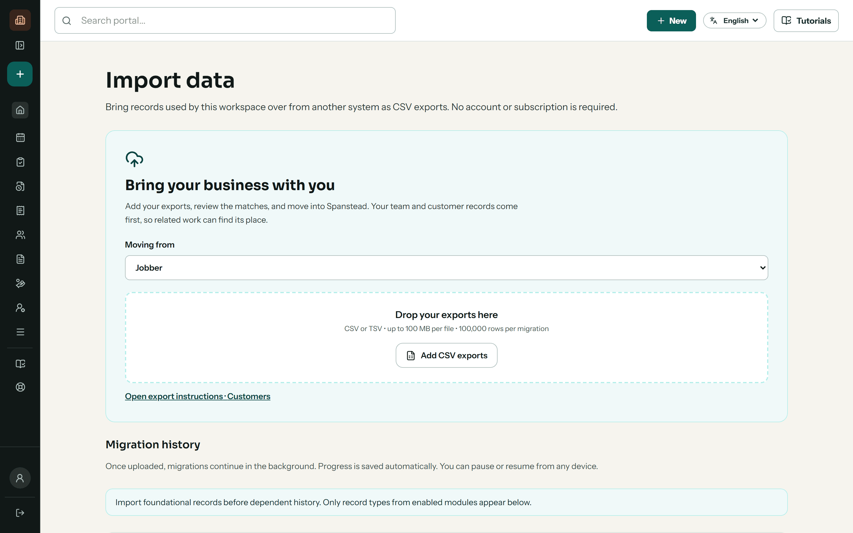 The data import screen in Spanstead Works, where a business chooses the system its records are coming from before uploading CSV or TSV exports